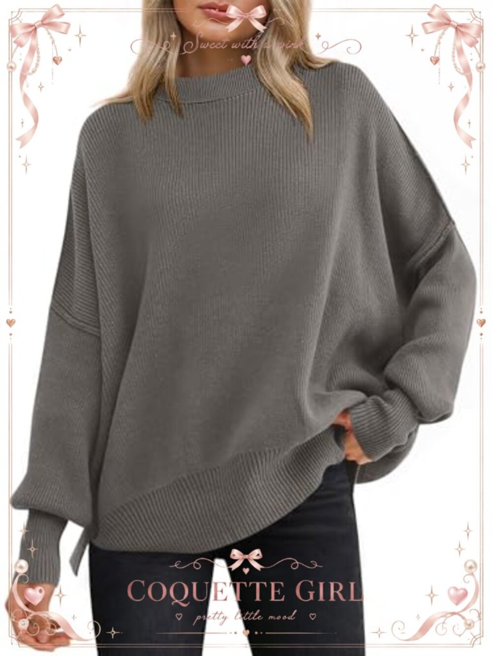 Women Oversized Ribbed Knit Pullover Sweater Batwing Sleeve Side Slit Crewneck